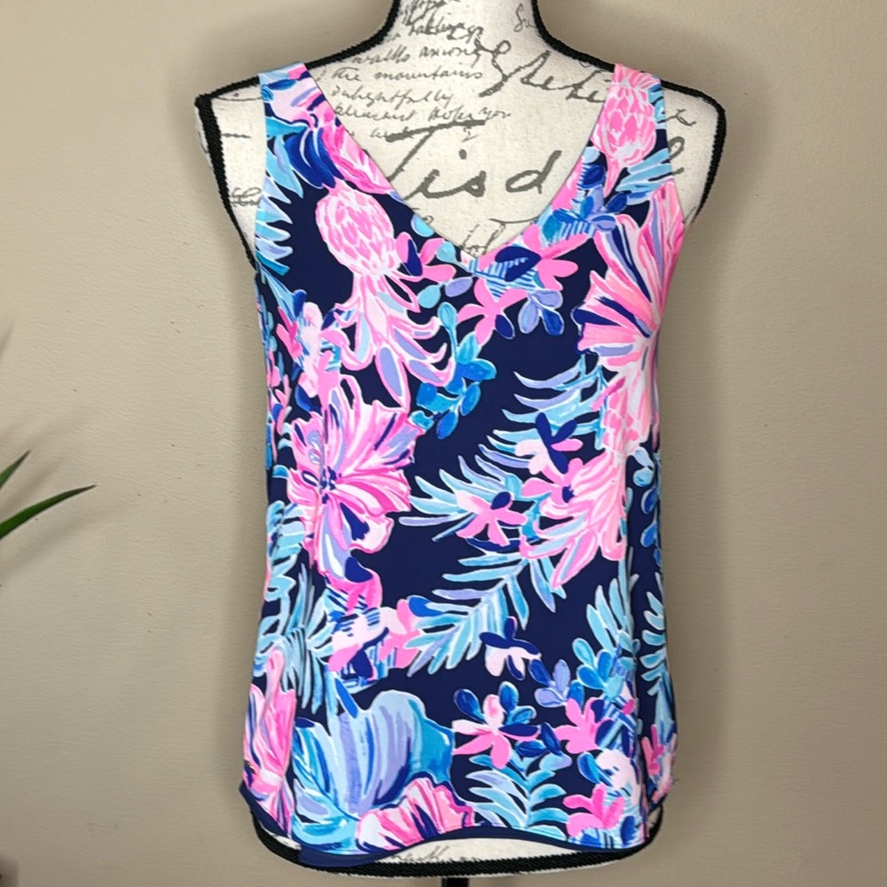 LILLY PULITZER Florin Reversible Floral Tank Top Shirt Sleeveless Navy XXS